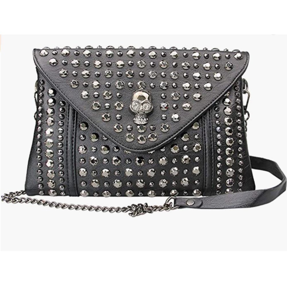 Black Skull Stud Embellished Faux Leather Mini Crossbody Messenger Flap‎ Purse